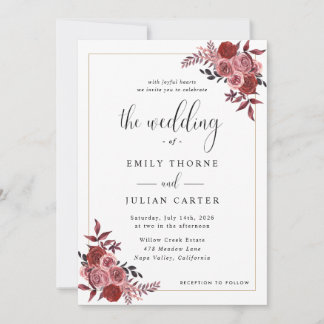 Convite Casamento Floral Elegante com Bege e Borgonha