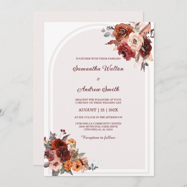 Convite Casamento Floral Elegante com Burgundy e Peach (Frente/Verso)