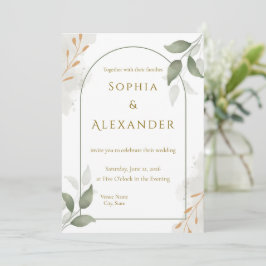 Convite Casamento Floral Elegante com Moldura Dourada e Fo