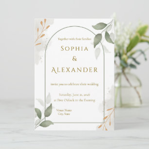 Convite Casamento Floral Elegante com Moldura Dourada e Fo