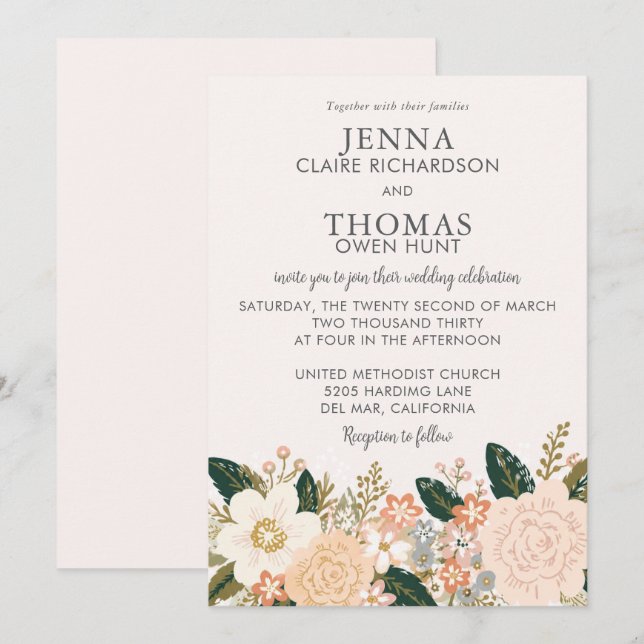 Convite Casamento Floral Elegante com Pastéis Suaves (Frente/Verso)