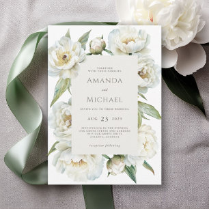 Convite Casamento Floral Elegante com Peônia Branca e Verd