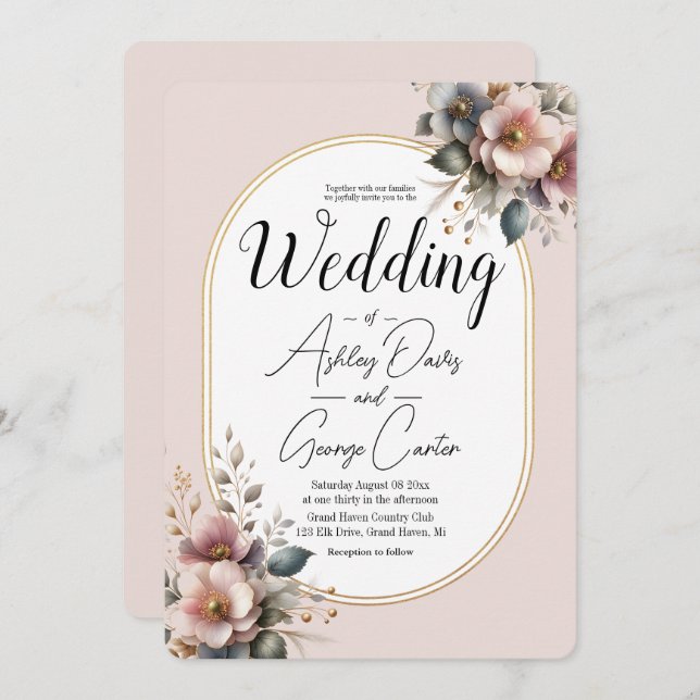 Convite Casamento floral elegante, cor-de-rosa, azul e cre (Frente/Verso)