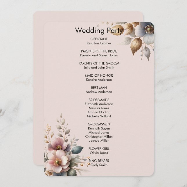 Convite Casamento floral elegante, cor-de-rosa, azul e cre (Frente/Verso)