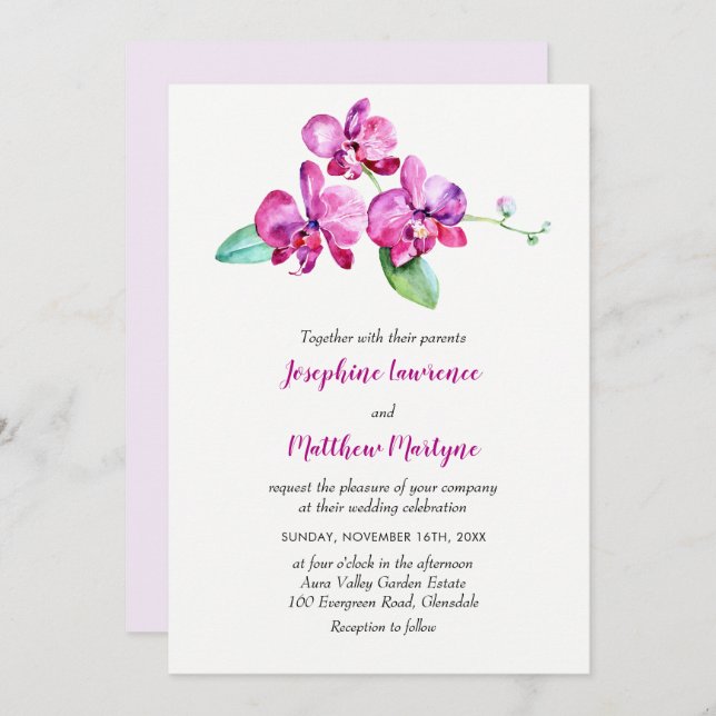 Convite Casamento Floral Elegante Da Orquídea De Água Púrp (Frente/Verso)
