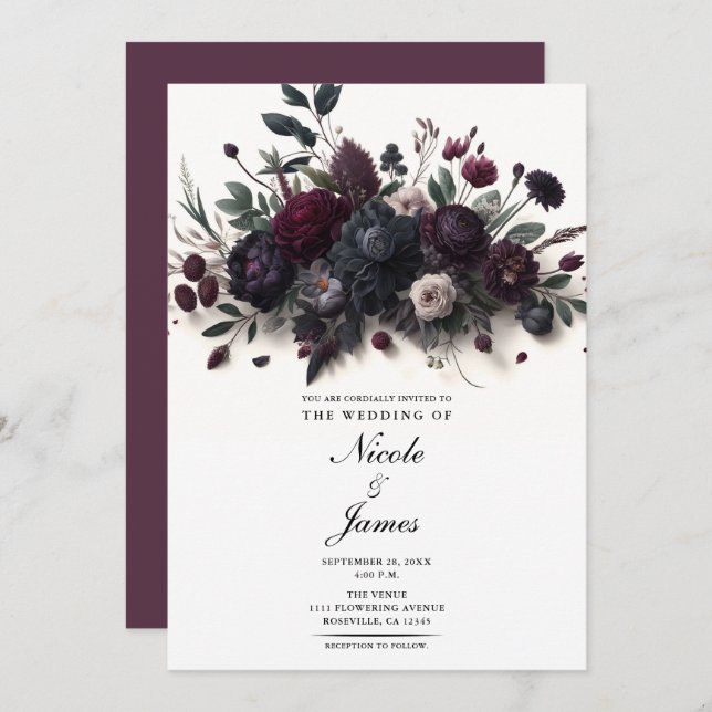 Convite Casamento Floral Elegante das Flores Moody (Frente/Verso)