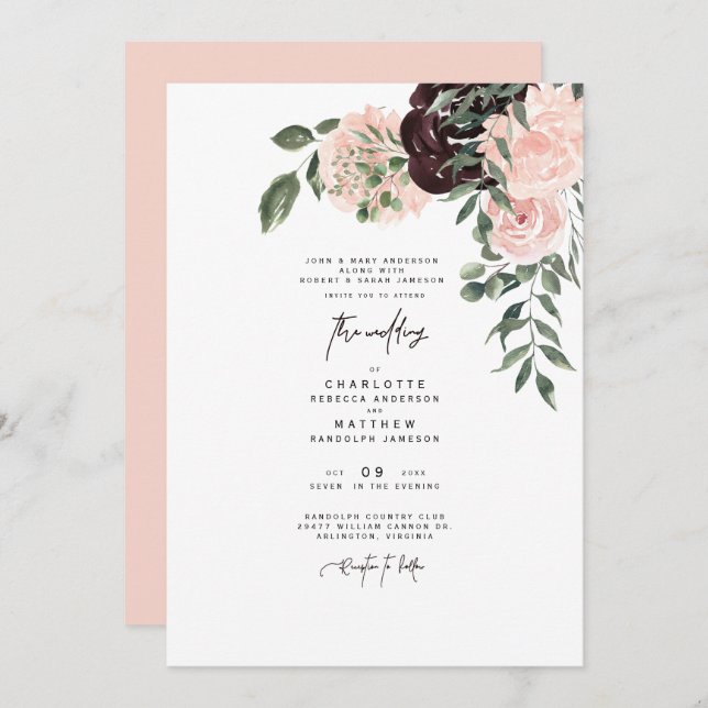Convite Casamento Floral Elegante De Blush E Vinho (Frente/Verso)