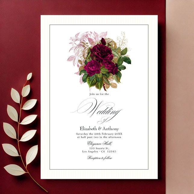 Convite Casamento Floral Elegante de Borgonha, Dourada e E (Elegant Burgundy, Gold and Blush Floral Wedding Invitation)