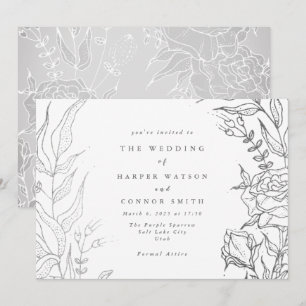 Convite Casamento Floral Elegante De Cinza Rosa