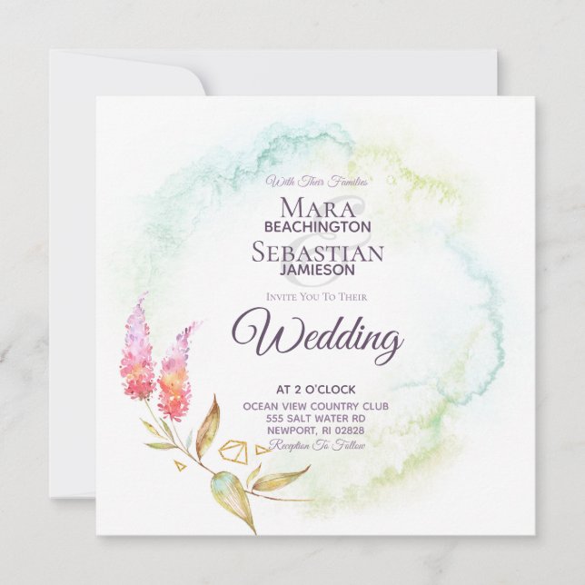 Convite ~ Casamento Floral Elegante De Dourada Mola De Águ (Frente)