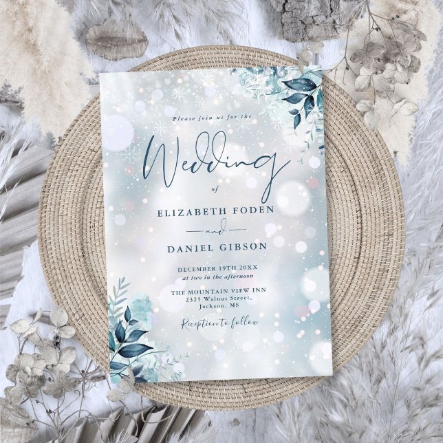 Convite Casamento Floral Elegante de Flocos de Neve no Inv (Elegant Winter Snowflakes Floral Wedding Invitation)