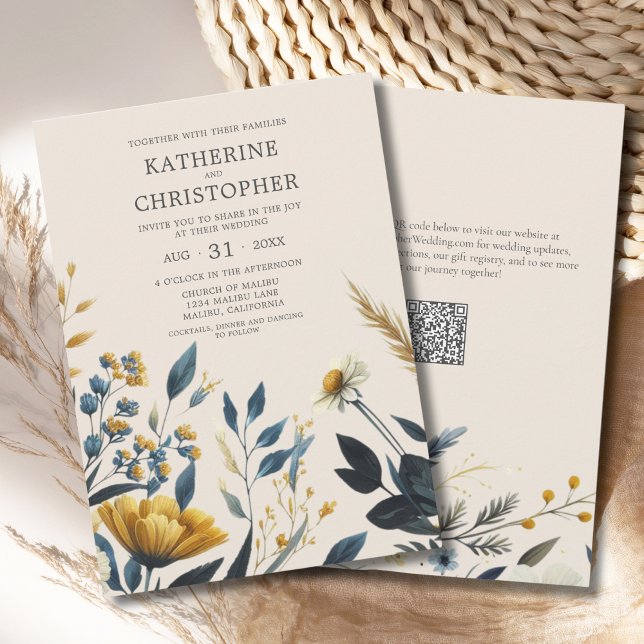 Convite Casamento Floral Elegante de Flores Selvagens de A (Watercolor Wildflowers Elegant Beige Wedding Invitation with blue and yellow wildflowers, qr code.)