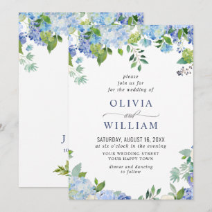 Convite Casamento Floral Elegante de Hortênsia Azul em Aqu