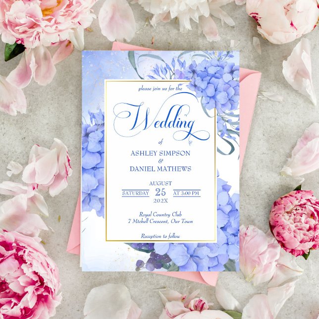 Convite Casamento floral elegante de hydrangeas azuis (Blue hydrangeas elegant floral wedding invitation template)