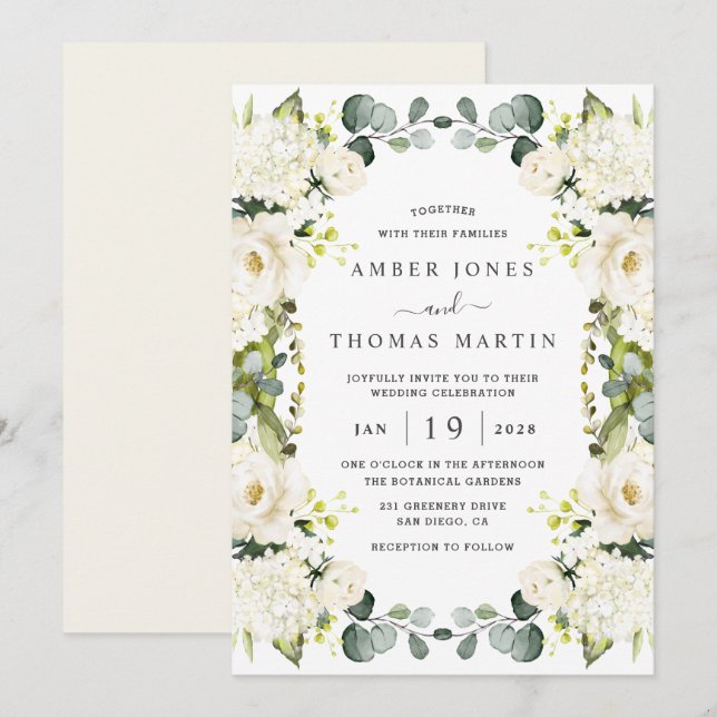 Convite Casamento Floral Elegante de Marfim Branco  (Frente/Verso)