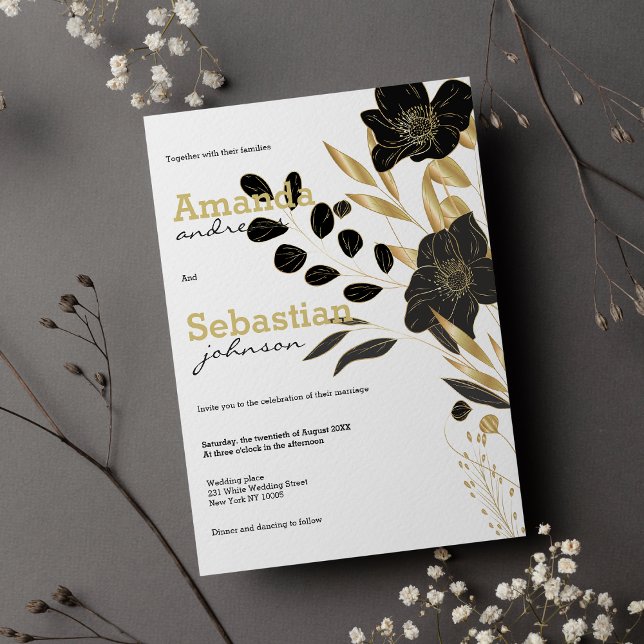 Convite Casamento floral elegante de ouro branco preto (Black white gold floral elegant floral wedding )