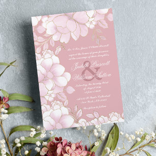 Convite Casamento floral elegante de ouro cor-de-rosa e lu
