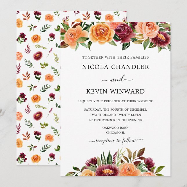 Convite Casamento Floral Elegante de Outono (Frente/Verso)