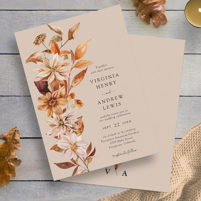 Convite Casamento Floral Elegante de Outono (Elegant Fall Leaves Floral Wedding Invitation Monogrammed by Painted Paperie
)