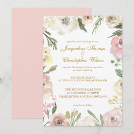 Convite Casamento Floral Elegante de Primavera Rosa Bege D