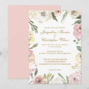Convite Casamento Floral Elegante de Primavera Rosa Bege D