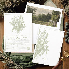 Convite Casamento Floral Elegante De Sage Green Vintage