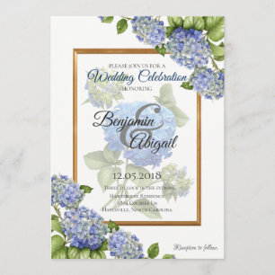 Convite Casamento floral elegante Dourado do buquê azul d