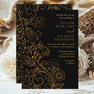 Convite Casamento Floral Elegante Dourado e Negro