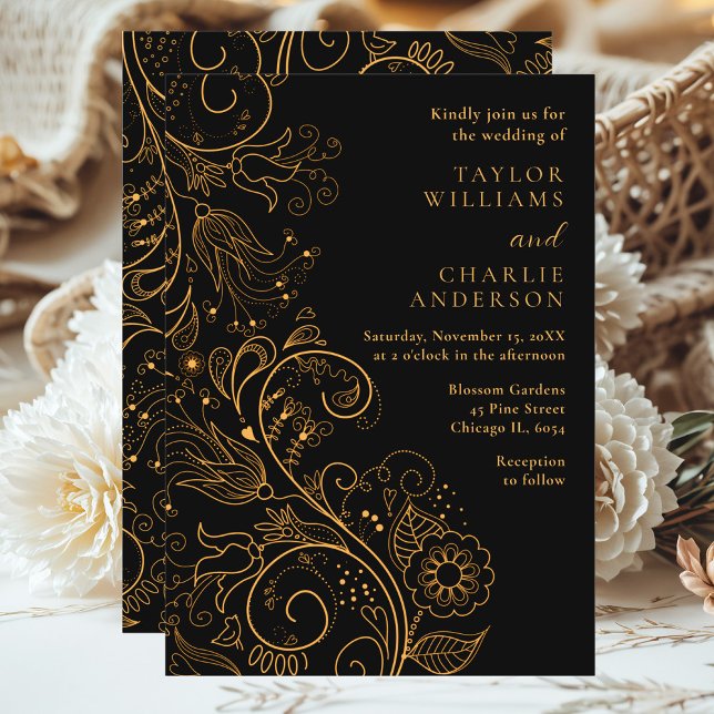 Convite Casamento Floral Elegante Dourado e Negro (Criador carregado)