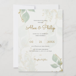 Convite Casamento Floral Elegante Dourado e Verde-de-Ivory
