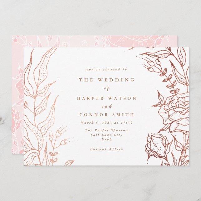 Convite Casamento Floral Elegante Elegante de Cobre Dourad (Frente/Verso)