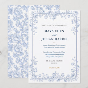 Convite Casamento Floral Elegante em Azul e Branco Chinois