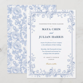 Convite Casamento Floral Elegante em Azul e Branco Chinois