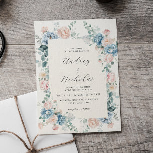Convite Casamento Floral Elegante em Azul Empoeirado e Pês