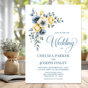 Convite Casamento Floral Elegante em Azul Poeirento e Amar