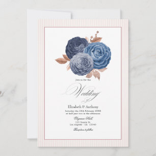 Convite Casamento Floral Elegante em Azul Poeirento e Dour