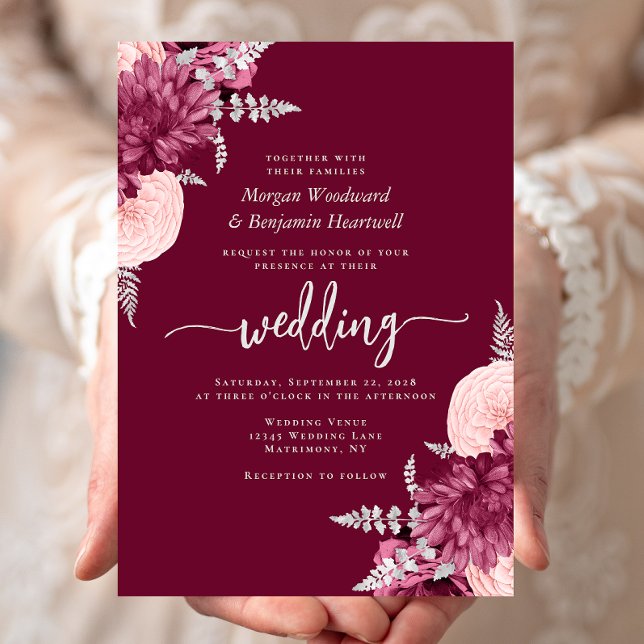Convite Casamento Floral Elegante em Burgundy e Prata (Criador carregado)