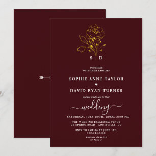 Convite Casamento Floral Elegante em Burgundy Escuro Doura