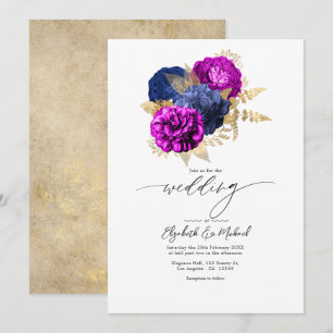 Convite Casamento Floral Elegante em Magenta, Azul Marinho