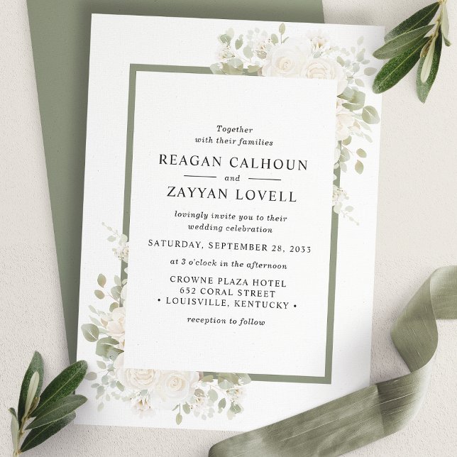 Convite Casamento Floral Elegante em Marfim e Sage (Criador carregado)