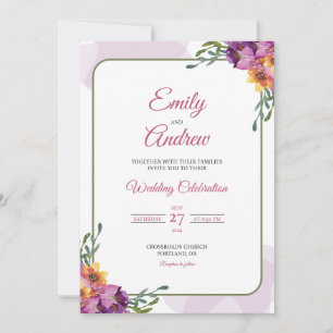 Convite Casamento Floral Elegante em Roxo e Amarelo em Aqu