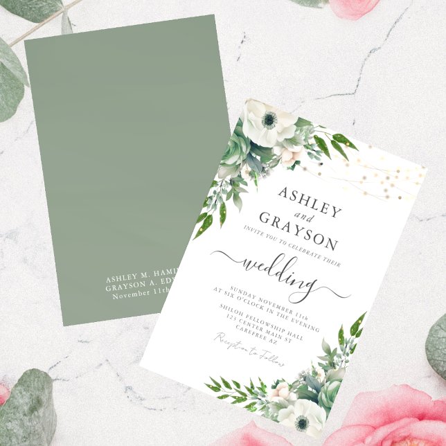 Convite Casamento Floral Elegante em Verde Sálvia (Criador carregado)