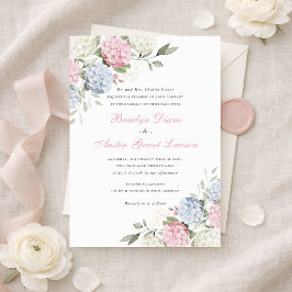 Convite Casamento Floral Elegante Hortênsia Rosa e Azul