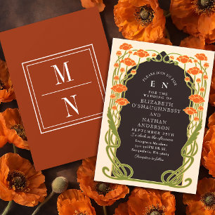 Convite Casamento Floral Elegante Laranja Art Nouveau
