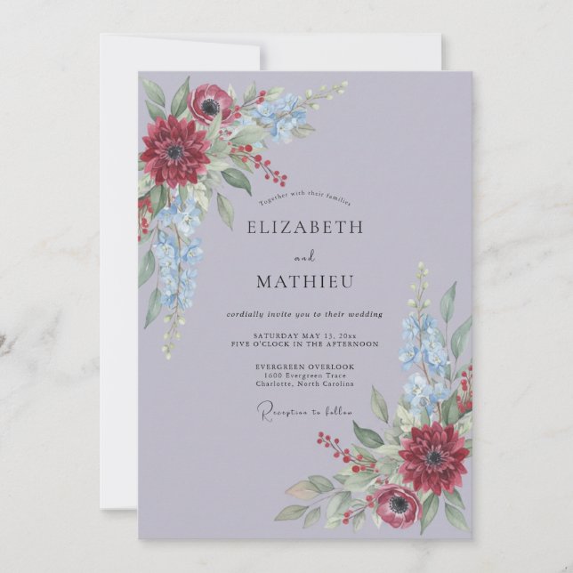 Convite Casamento Floral Elegante Lavanda Carmesim (Frente)