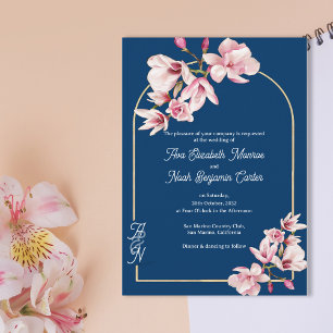Convite Casamento Floral Elegante Magnólia Rosa Azul Marin