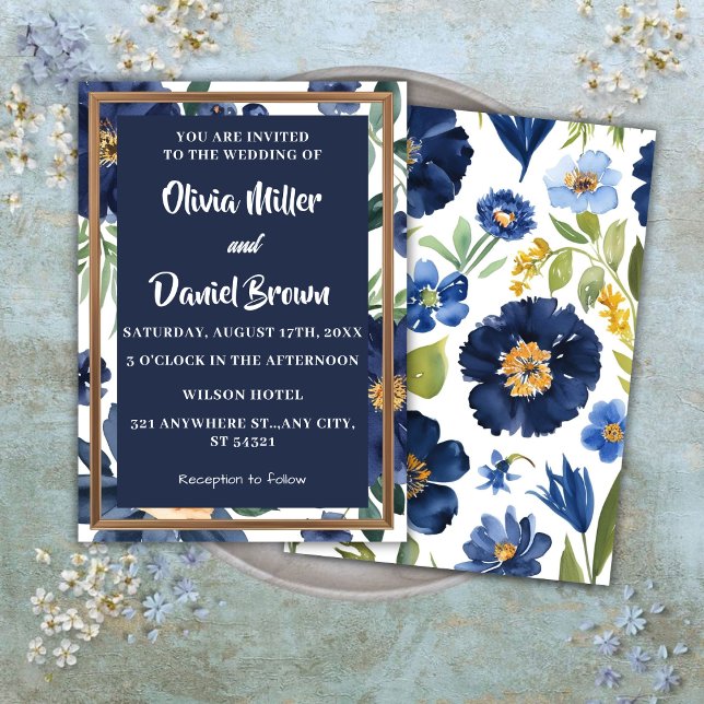 Convite Casamento Floral Elegante marinho Azul e Branco (Criador carregado)