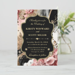 Convite Casamento Floral Elegante Mármore Dourado Rosa