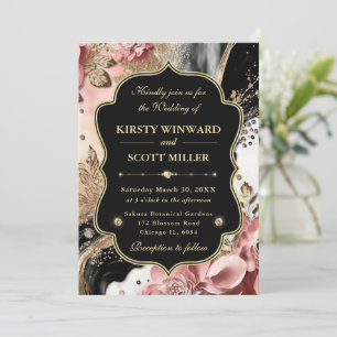 Convite Casamento Floral Elegante Mármore Dourado Rosa