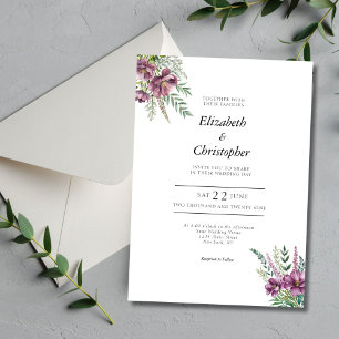 Convite Casamento Floral Elegante Moderno em Tons de Roxo